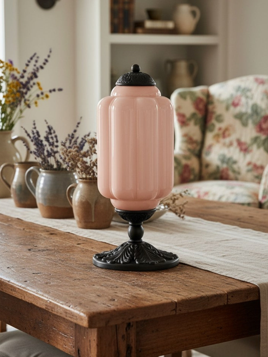 Vintage Glazen Tafellamp met Messing of Zwarte Afwerking | Sansoti