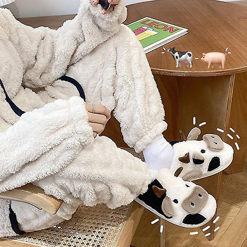 Pluche Huisslippers Koeienprint Dames Antislip Zool Zachte Voering Pantoffels Warm Winterschoeisel Comfortabel | Sansoti