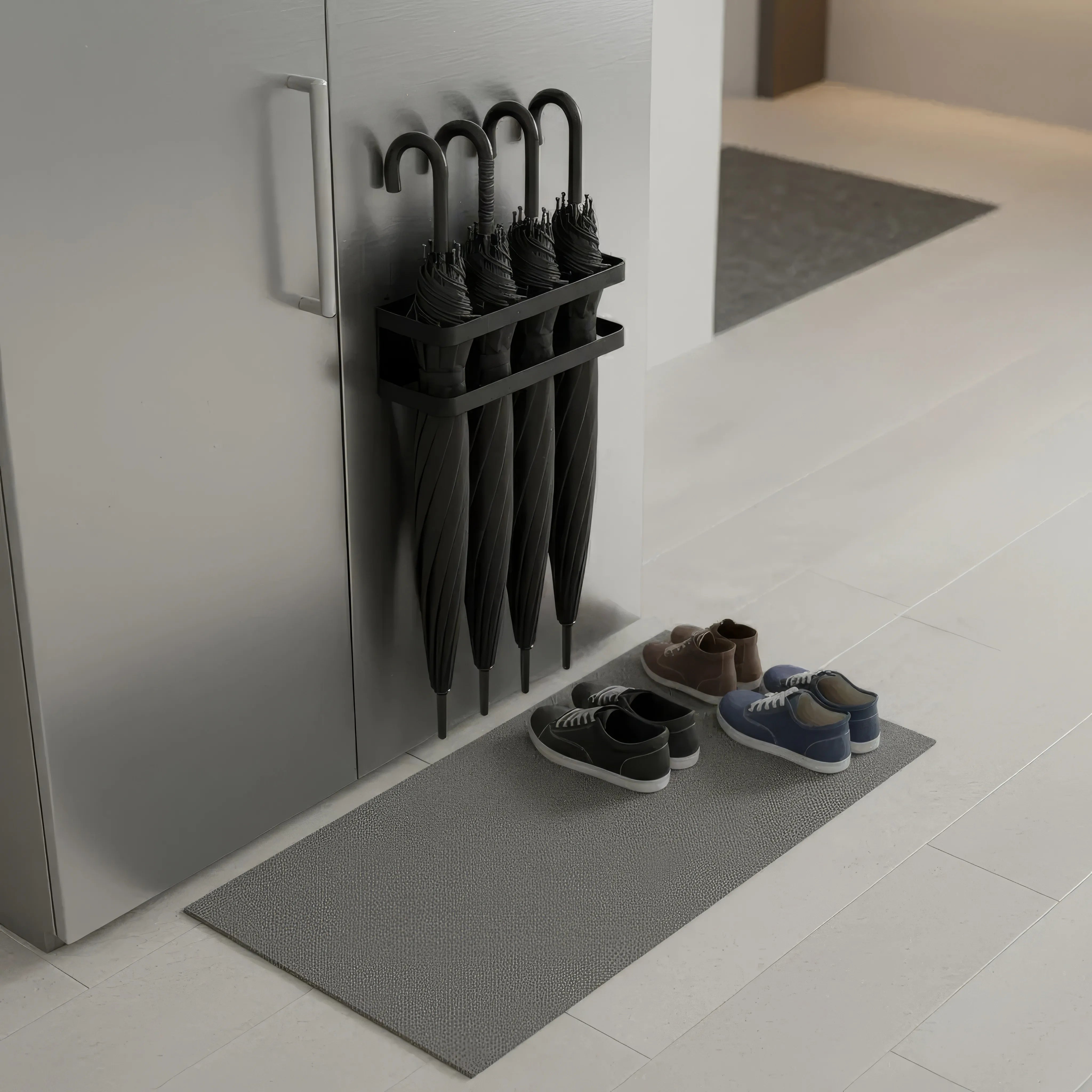 Compacte Parapluhouder Wandmontage Zwart IJzer met Lekbak voor Hal – Ruimtebesparend & Praktisch | Sansoti