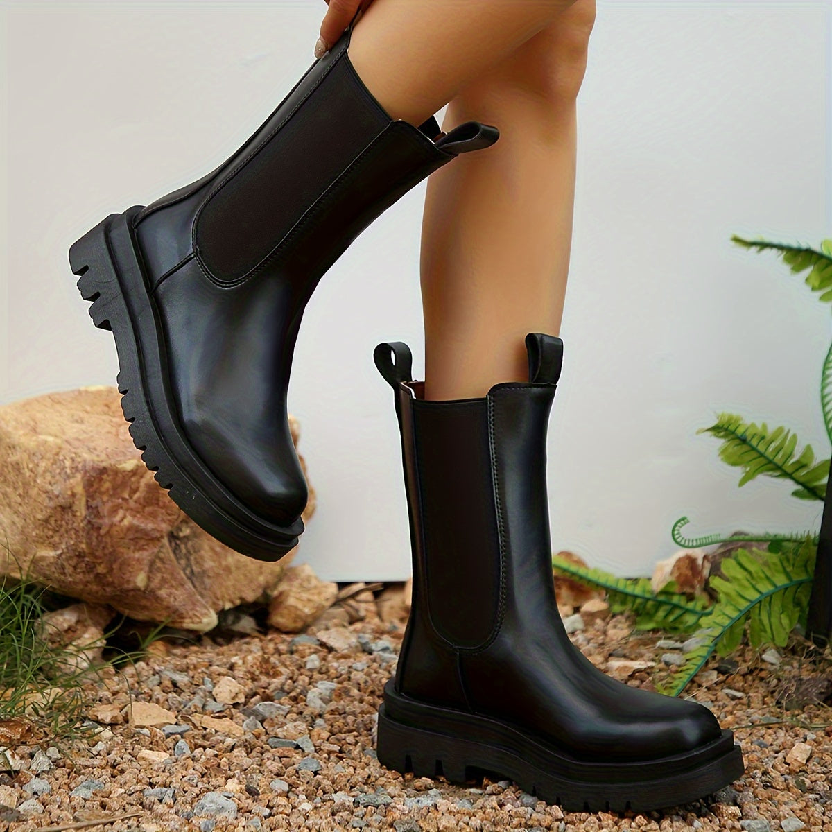 Kniehohe Stiefel Schwarz Damen Elastischer Verschluss Chunky-Absatz Winterstiefel Elegant Reitstiefel Bequem | Sansoti