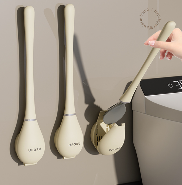 Siliconen Toiletborstel met Wandhouder - Moderne Hygiënische WC Borstel met Vlakke Kop - Beige Wit Groen - Badkameraccessoire met Drip Tray | Sansoti