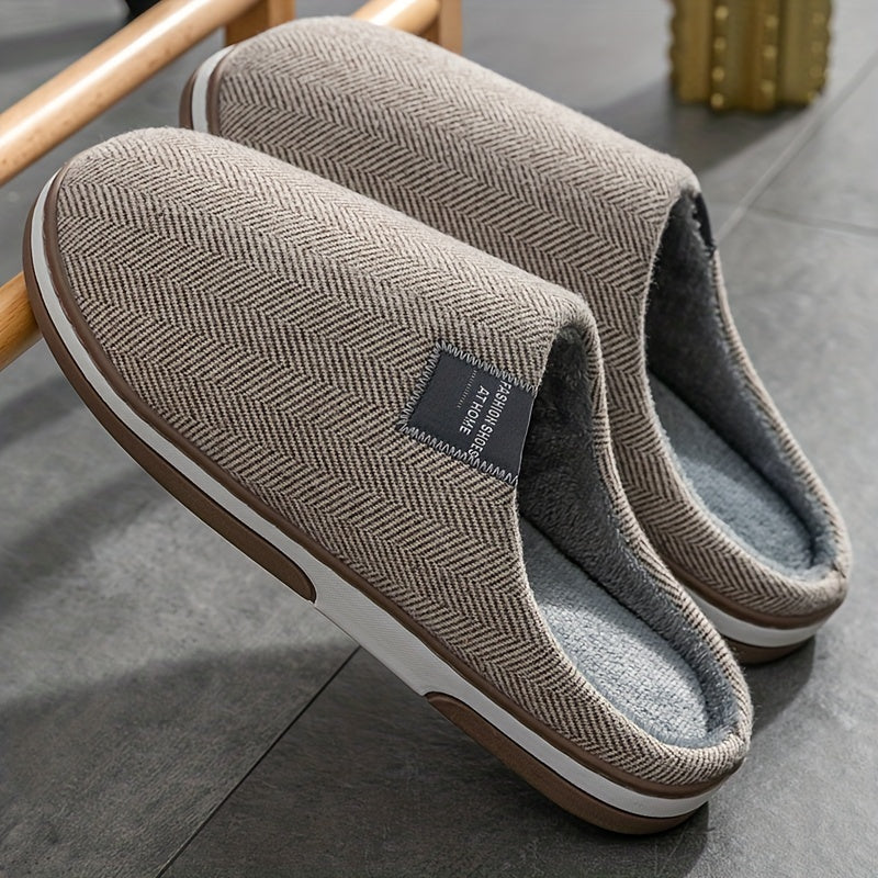 Men's Slippers with Herringbone Pattern, Warm Plush Lining, Non-Slip Sole, Comfortable House Footwear for Winter | Sansoti