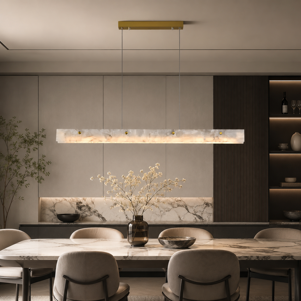 Lineare Pendelleuchte aus Marmor, goldfarbenes Design, Esszimmerleuchte aus Naturstein, LED-Beleuchtung für Kücheninsel und Esstisch | Sansoti