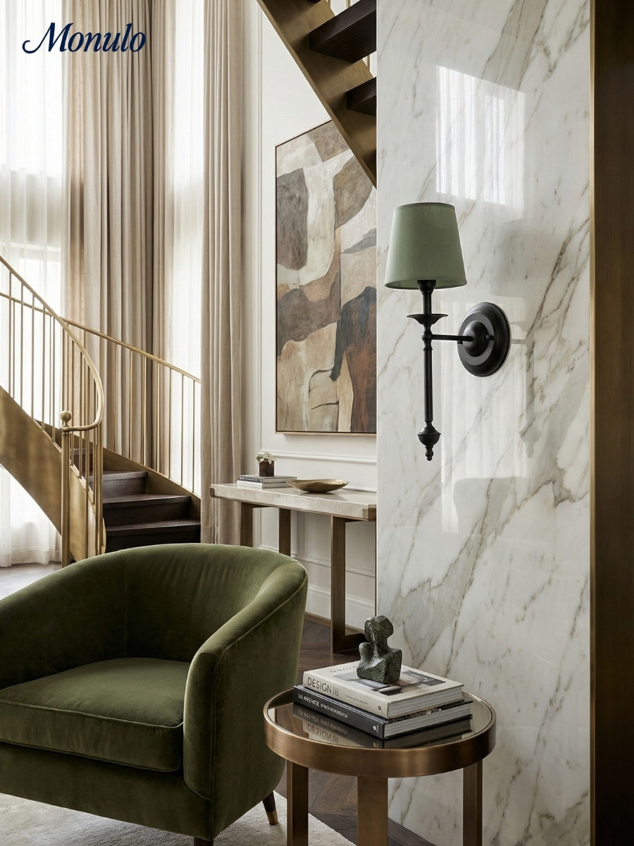 Stoffen Wandlamp met Vintage Koperen Afwerking – Sfeervolle Verlichting voor Hal, Slaapkamer en Woonkamer | Sansoti