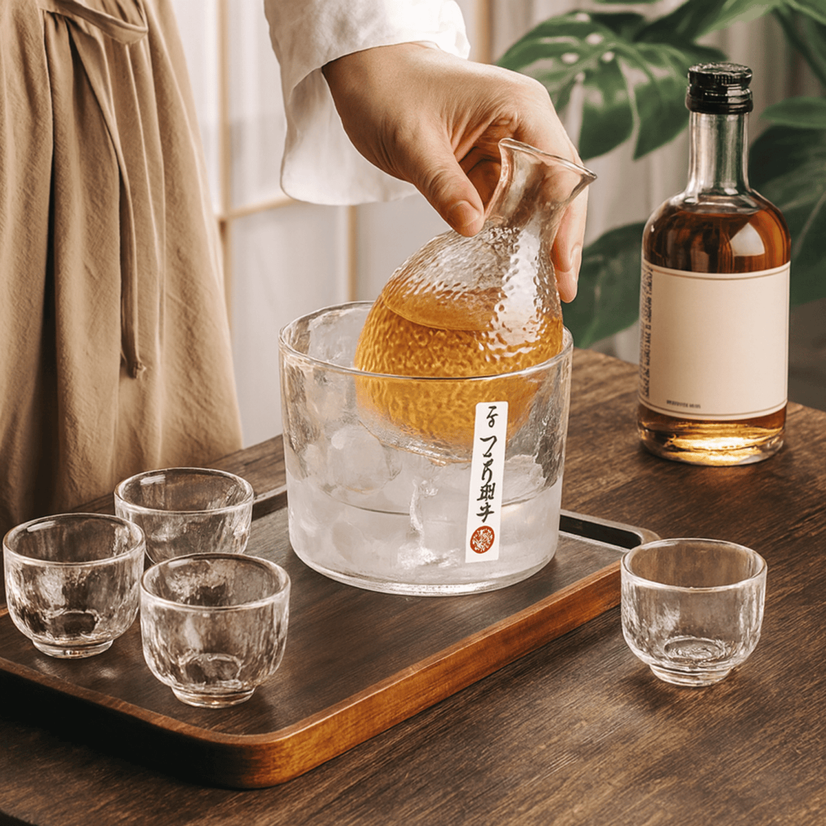 6-teiliges Glas-Saké-Set im japanisch inspirierten Design, Serviergeschirr mit Karaffe, Eiseimer und 4 Gläsern für Spirituosen | Sansoti