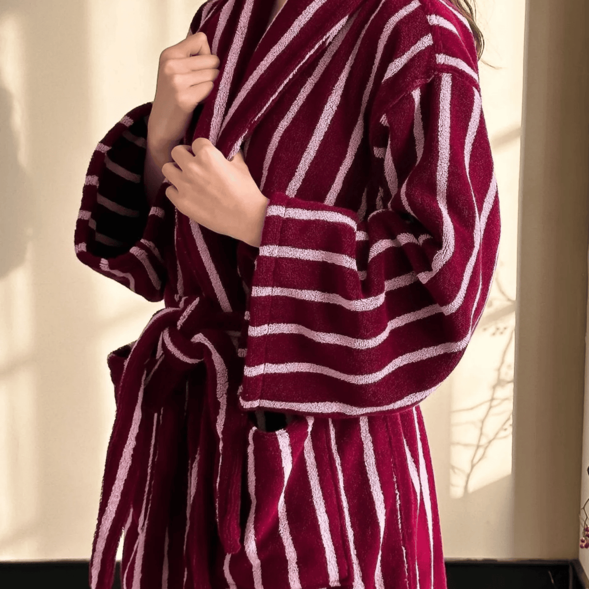 Bademantel aus Bio-Baumwolle Gestreift Damen Herren Morgenmantel Luxuriöse Weiche Loungewear Hausmantel Badezimmer | Sansoti