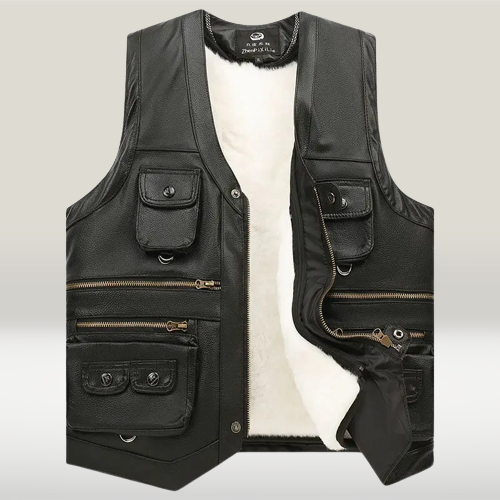 Sleeveless Leather Vest with Zipper Rugged Adventurer Vest for Autumn Winter Outdoor Casual Wear | Sansoti