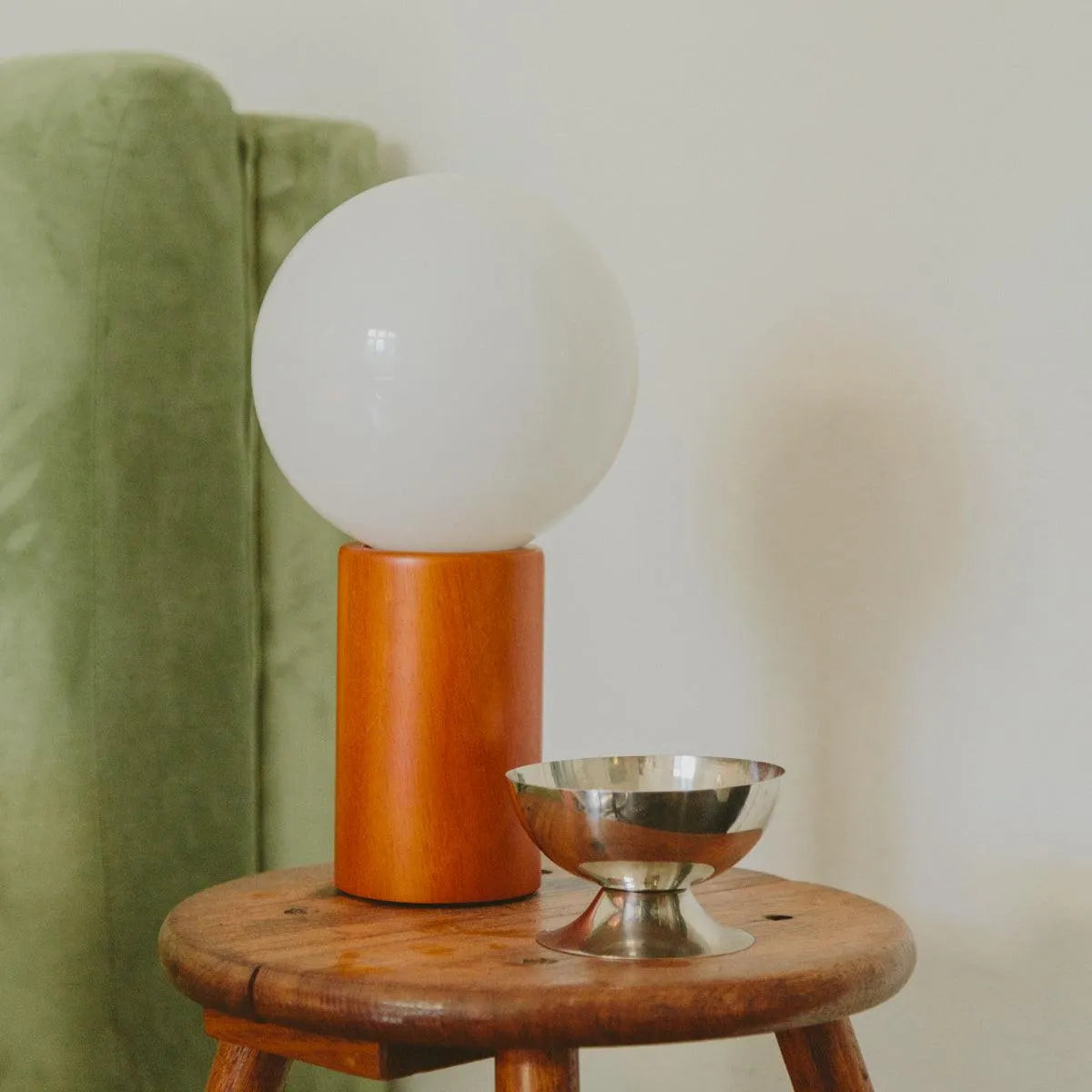 Tafellamp Hout Glas Vintage Mid-Century 28cm Ronde Bol Nachtkastlamp Slaapkamer | Sansoti