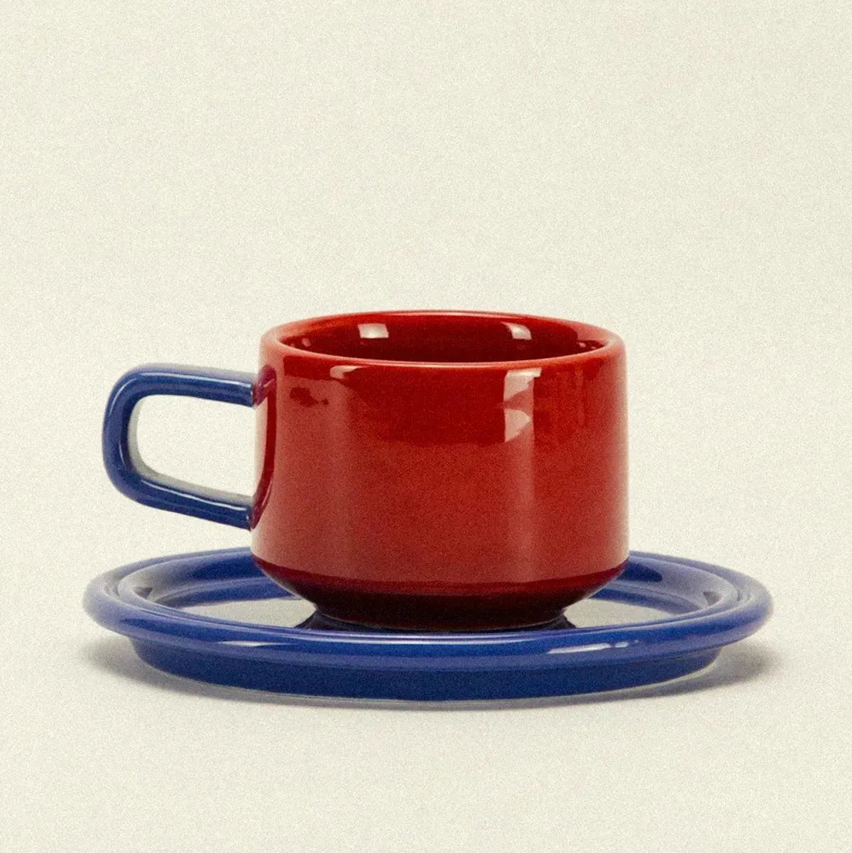 Kop en Schotel Keramiek Tweekleurig Rood Blauw Koffiekop Retro Vintage Servies Set | Sansoti
