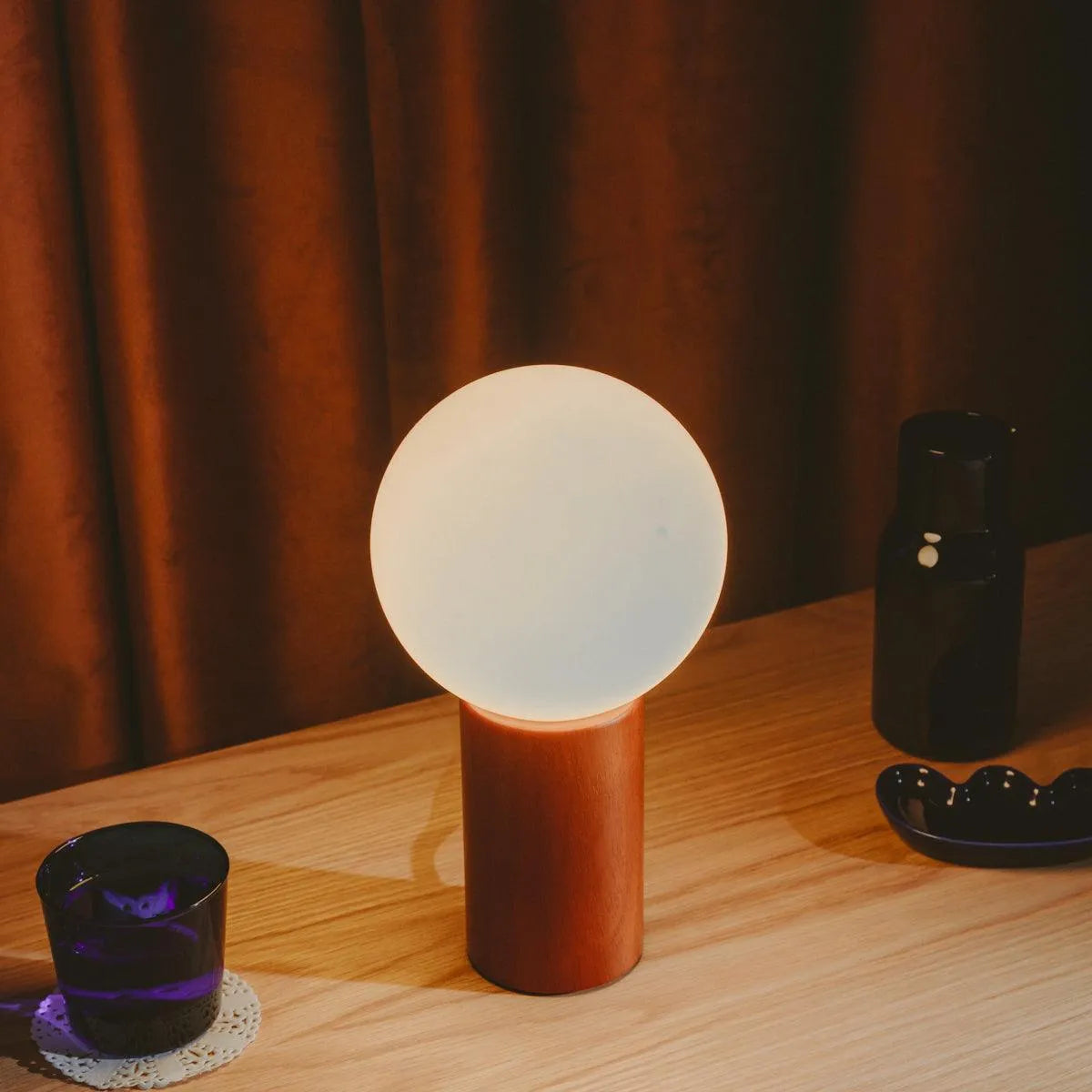 Tafellamp Hout Glas Vintage Mid-Century 28cm Ronde Bol Nachtkastlamp Slaapkamer | Sansoti