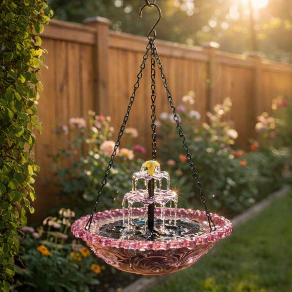 Hangende Zonnevogeldrinkbak Glas Fontein 2-Traps 25,5cm Tuin Terras Balkon Zonne-energie Kabellos Vogelbad Waterval Blauw Roze Zwart | Sansoti