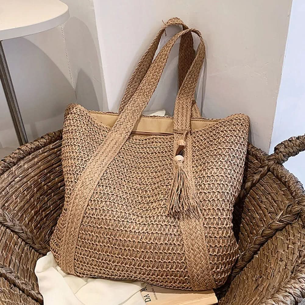 Geflochtene Raffia-Schultertas für Damen, sommerliche Boho-Handtasche, Shopper und Strandtasche, Beige, Braun, Grün, Natur | Sansoti