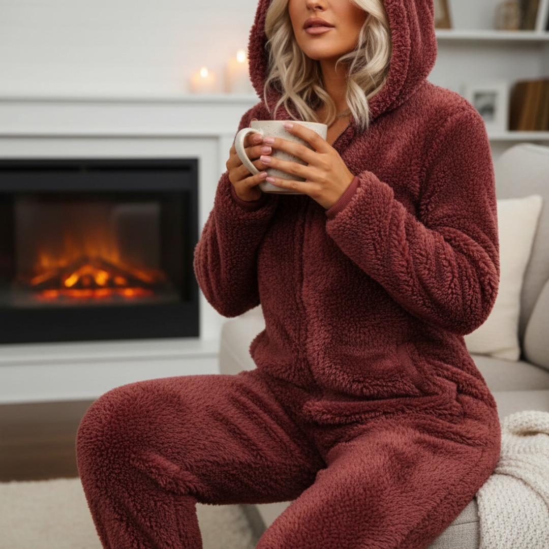 Fleece-Overall für Damen mit Reißverschluss Einteiliger Hausanzug Warme Nachtwäsche Loungewear für kalte Abende zum Entspannen zu Hause | Sansoti