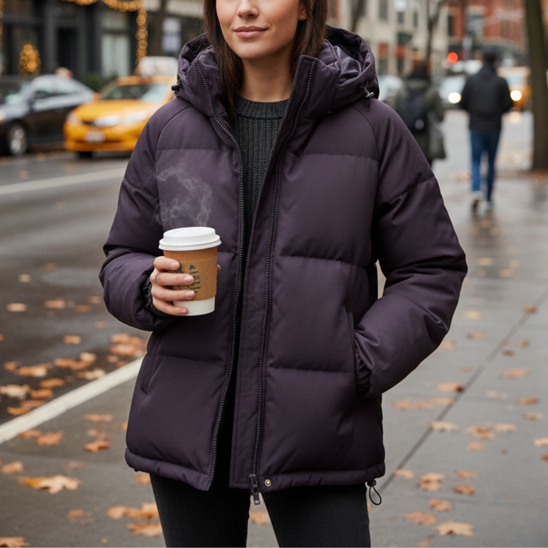 Quilted Women's Jacket, Water-Repellent, Lightweight Polyester, with Hood and Zipper, Winter Outdoor, Black Pink Purple White | Sansoti