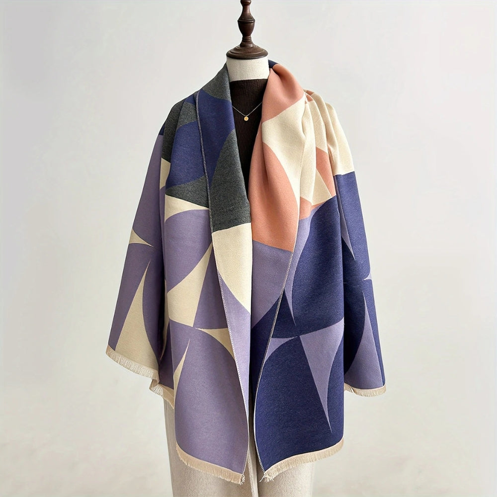 Omkeerbare Sjaal met Geometrisch Blokdesign Warm Zachte Microvezel Poncho voor Herfst en Winter | Sansoti
