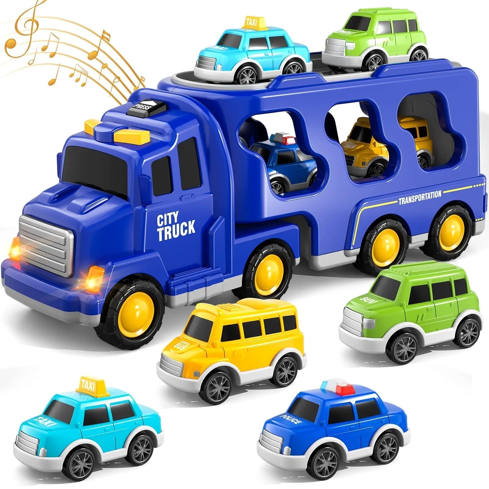 Spielzeug-Autotransporter mit Licht und Sound für Kinder – Doppeldeckiges Fahrzeugset mit Stauraum | Sansoti