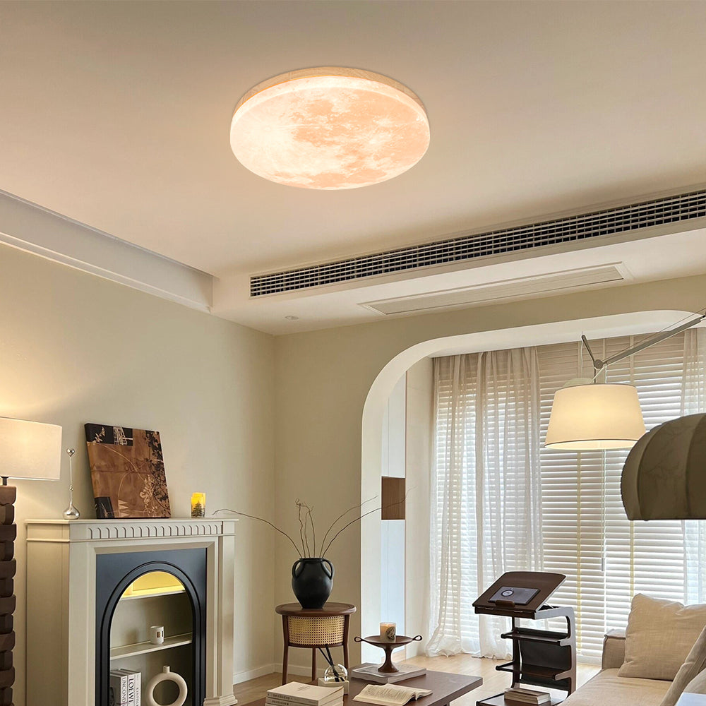 LED-Deckenleuchte Mond-Design Holz Acryl Rund 26-48cm Schlafzimmer Wohnzimmer Deckenlampe Mondlampe LED Beleuchtung Modernes Interieur | Restfield