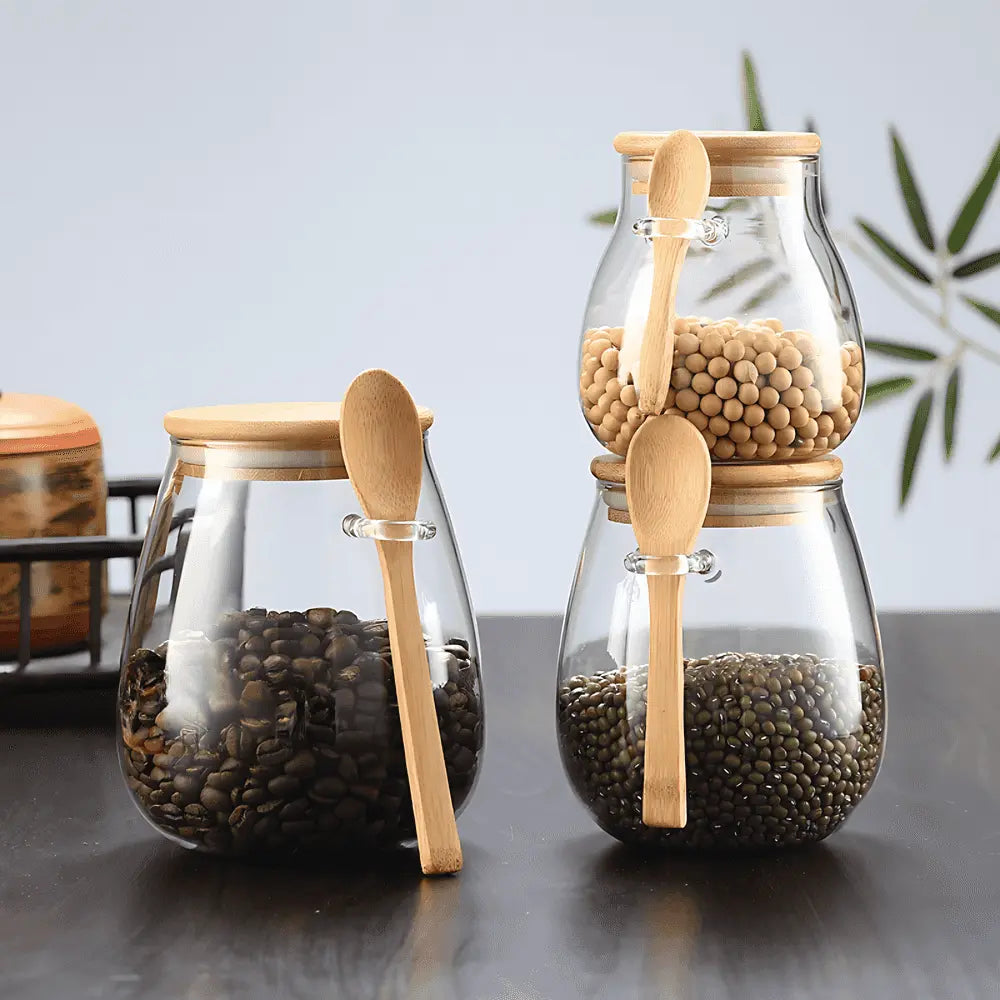 Vorratsgläser mit Bambusdeckel Luftdicht Kaffee Tee Müsli Küchen Set | Restfield