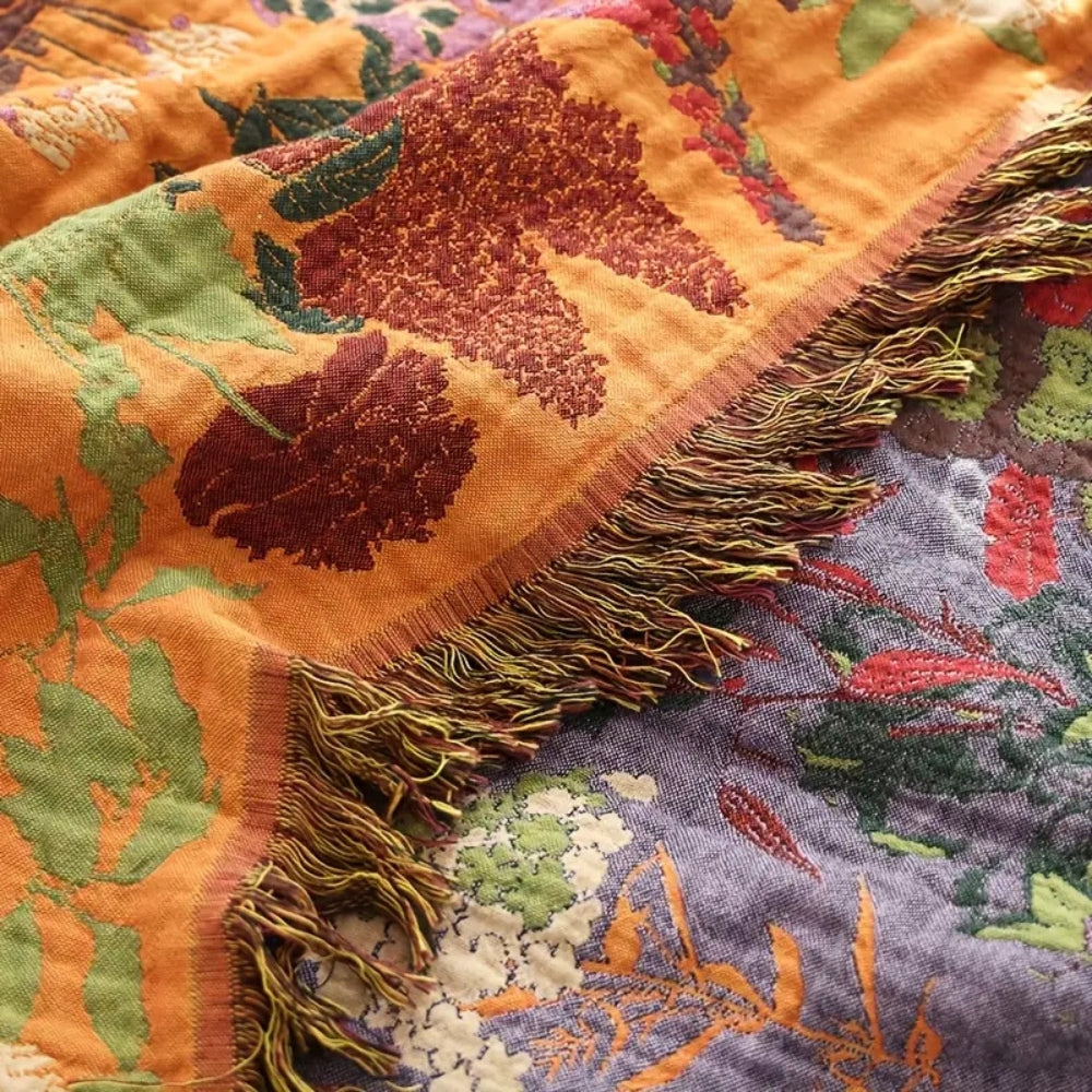 Botanische Katoenen Plaid met Kwasten – Gebloemde Jacquardweving Omkeerbaar Bedsprei Bankkleed Fauteuil Deken voor Alle Seizoenen | Sansoti