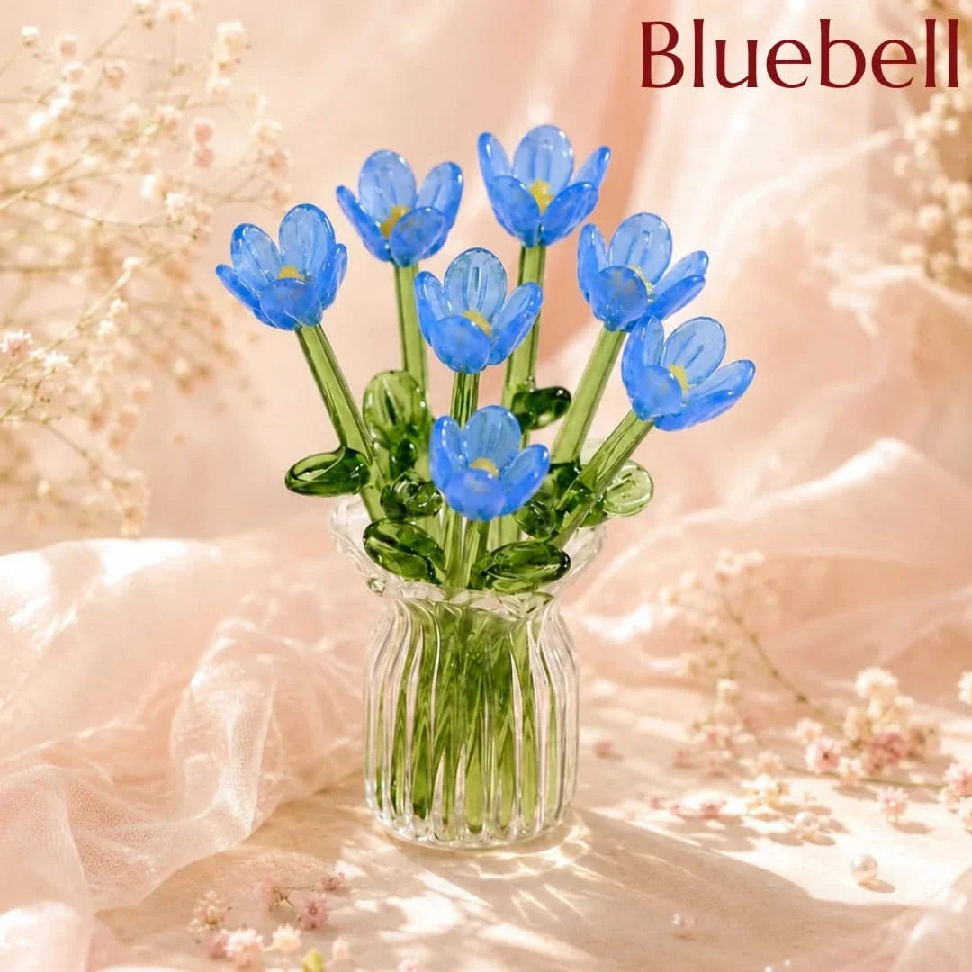 Glasblumenstrauß mit Miniaturvase, 7-teilig, handgefertigtes dekoratives Kunstglas, Wohnzimmer-, Tisch- und Raumdekoration | Sansoti