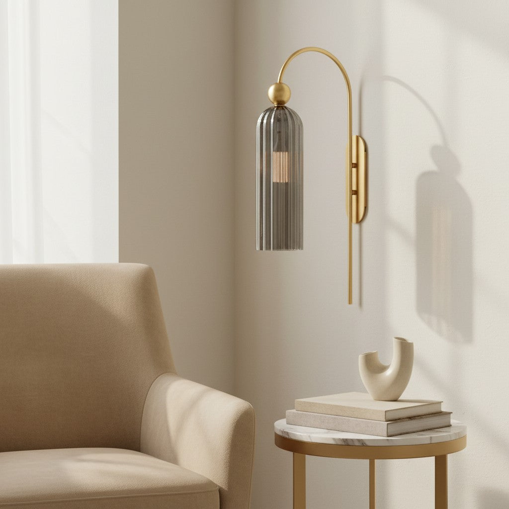 Geribbelde Glazen Wandlamp Cilindervorm met Gouden Fitting voor Gang, Slaapkamer, Woonkamer | Sansoti