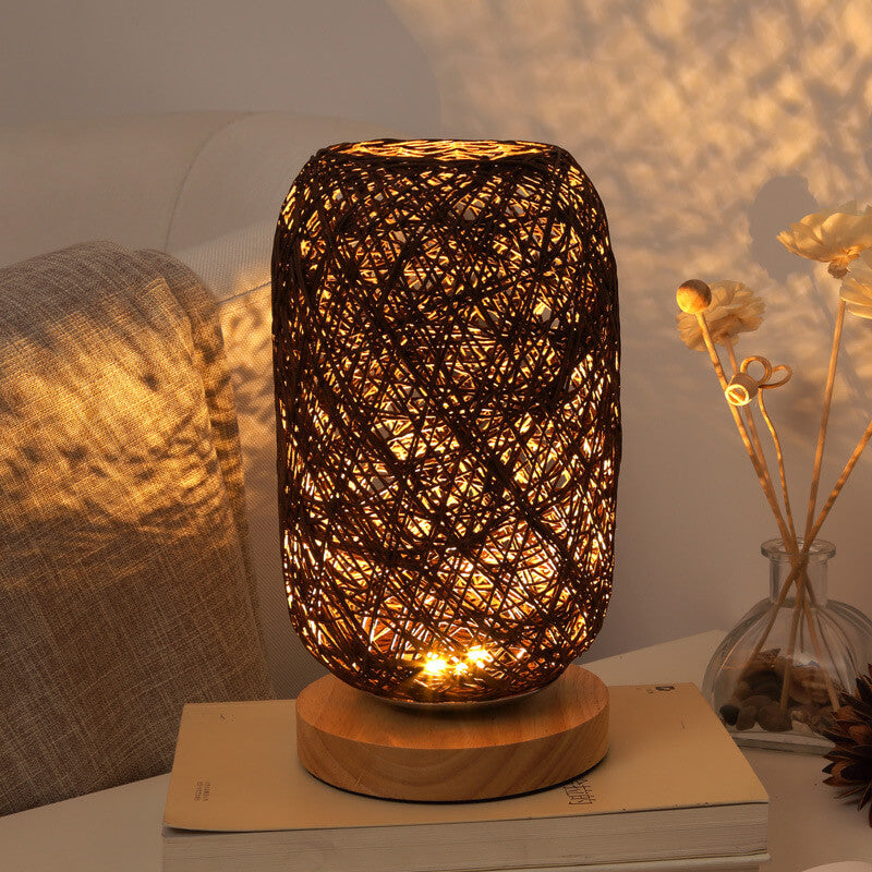Scandinavische Tafellamp met Natuurlijke Rotan & Houtafwerking Japandi-Stijl | Sansoti