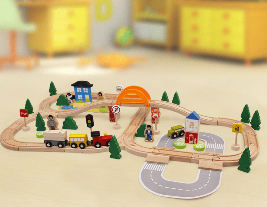 Circuit de train en bois avec rails, 78 pièces, jouet avec boîte de rangement incluse, jeu de construction éducatif pour enfants dès 3 ans | Sansoti