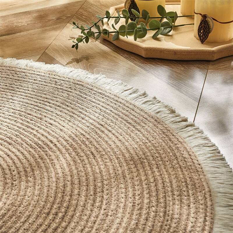 Pleciony okrągły dywan jutowy z włókien naturalnych, dwustronny, beżowo-czarny, 45-120 cm, ręcznie wykonany, w stylu boho | Sansoti