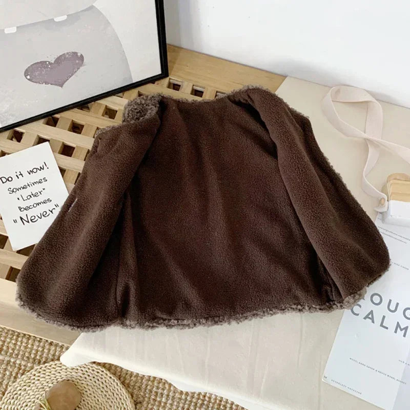 Plush Children's Teddy Faux Fur V-Neck Vest 1-6 Years Boys Girls Autumn Winter Outerwear | Sansoti