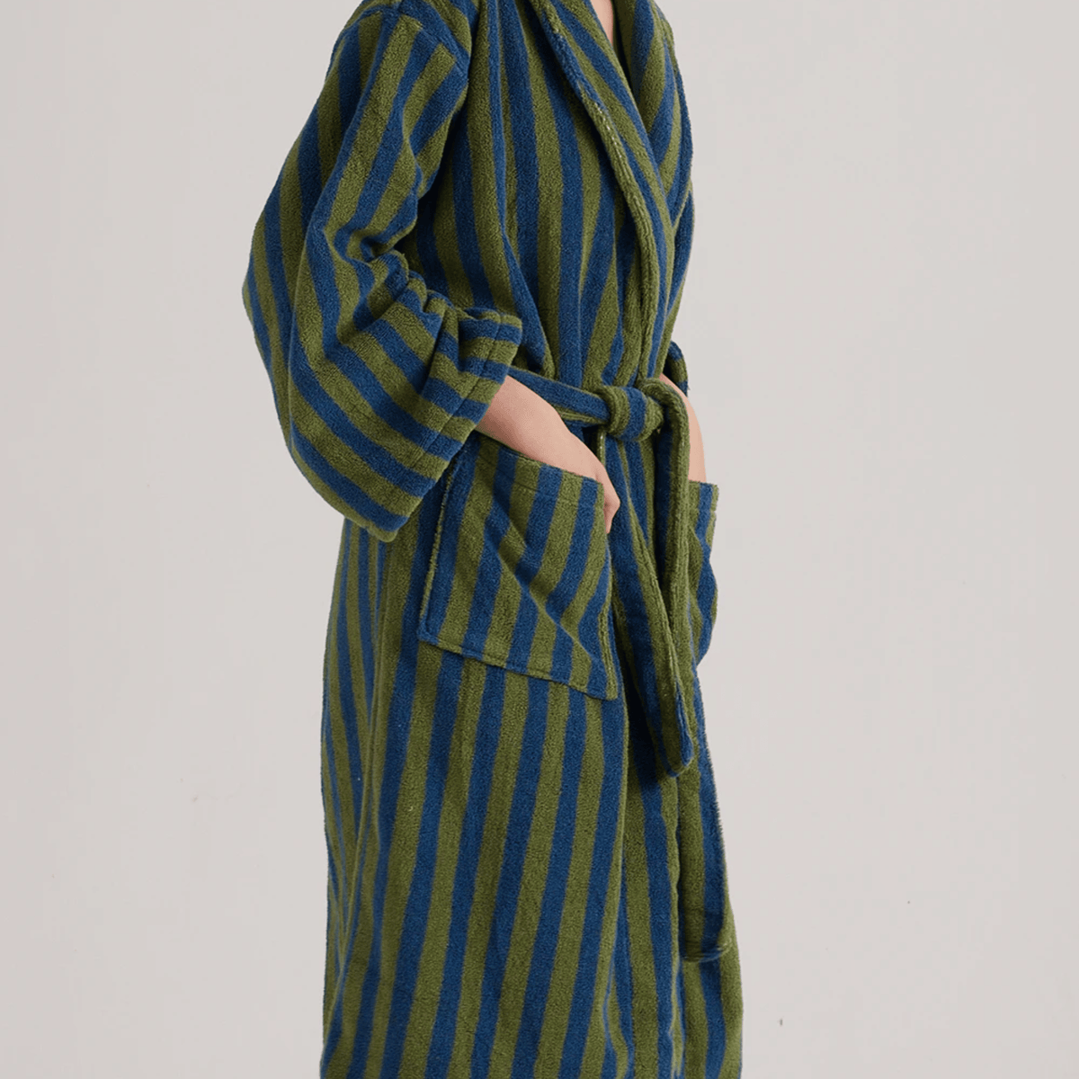 Peignoir en coton biologique Jacquard à rayures Bleu Vert Rétro Peignoir du matin Unisexe Bien-être Spa À la maison | Sansoti