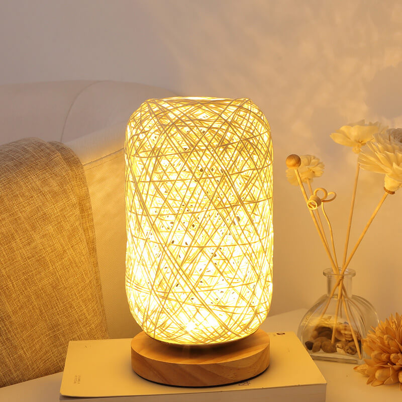 Scandinavische Tafellamp met Natuurlijke Rotan & Houtafwerking Japandi-Stijl | Sansoti