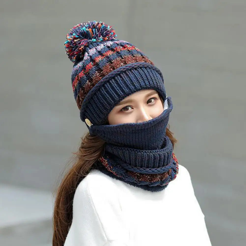 Knitted Hat and Scarf Set with Velvet Lining Removable Face Mask Winter Accessory Warm and Comfortable Women | Sansoti