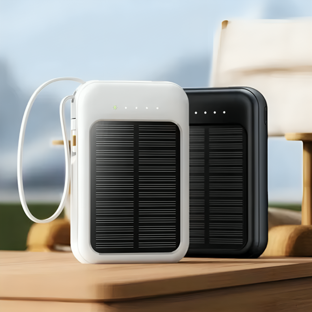 Oplaadbare Powerbank 20000mAh met Zonnepaneel, LED-Zaklamp en Ingebouwde Kabels – Draagbare Noodaccu met Dubbele USB- en Type-C-Aansluiting voor Smartphone en Tablet | Sansoti