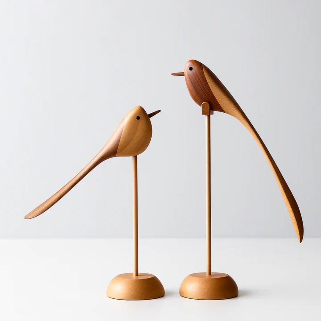 Holz-Vogelskulpturen, 2er-Set, skandinavisches Design, dekoratives Rot-Holz-Interieur-Objekt für das Wohnzimmer | Sansoti