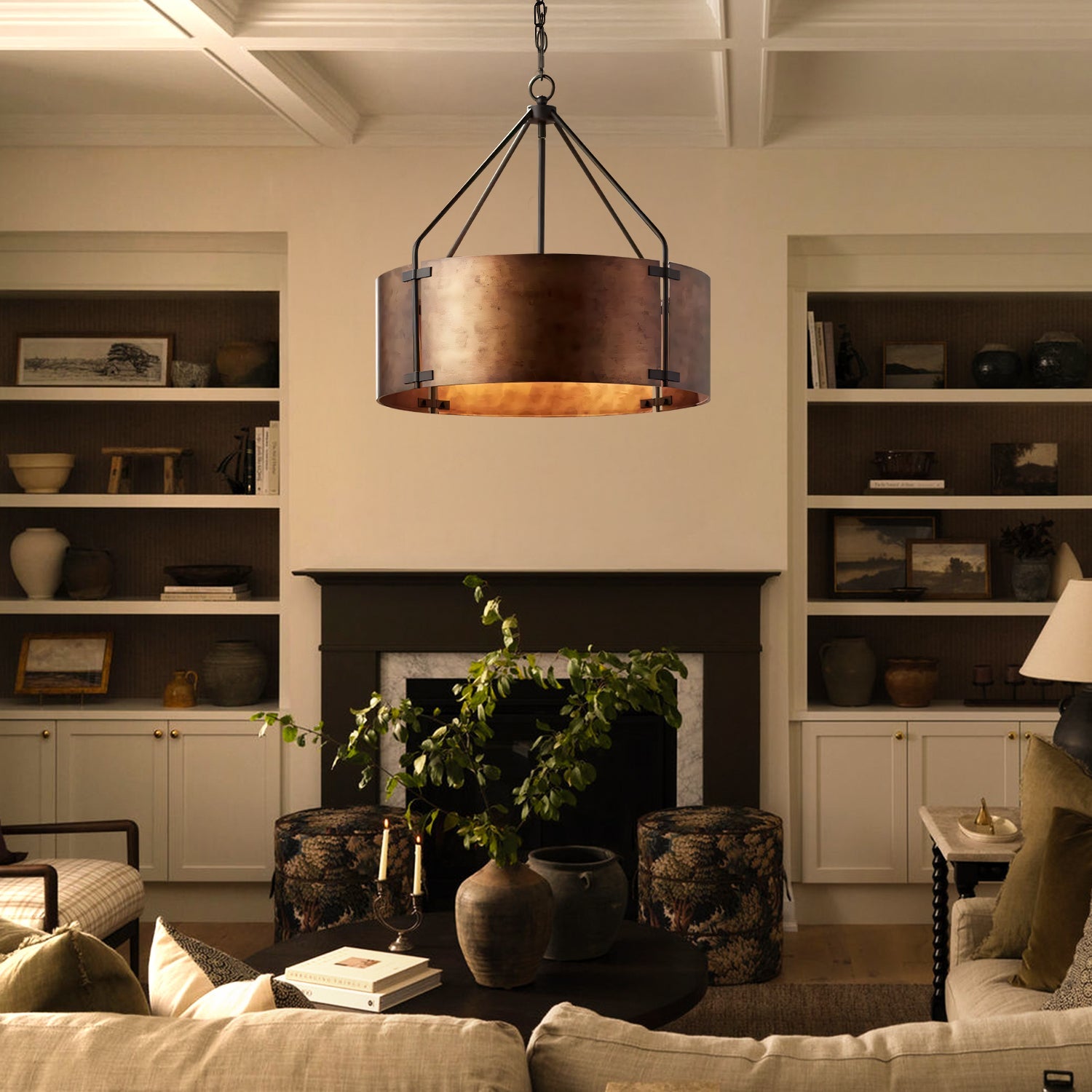 Industriële Hanglamp Trommel Roest Brons Metalen Kap 4 Lichtpunten Vintage Design Keukeneiland Eettafel Eetkamer | Sansoti