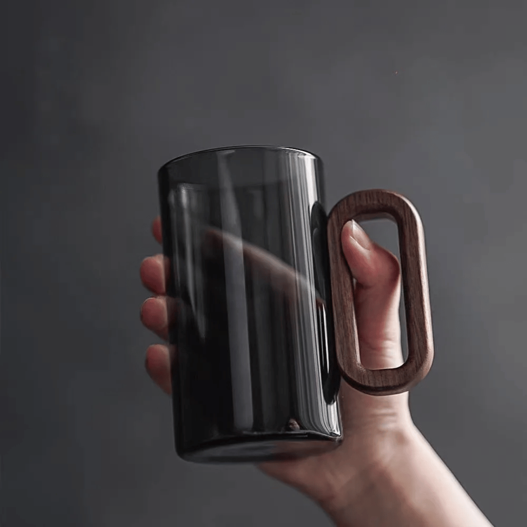 Glazen Mok met Houten Handvat 350ml Scandinavisch Design Thee Koffie Drinkbeker Handgemaakt Keukengerei | Sansoti