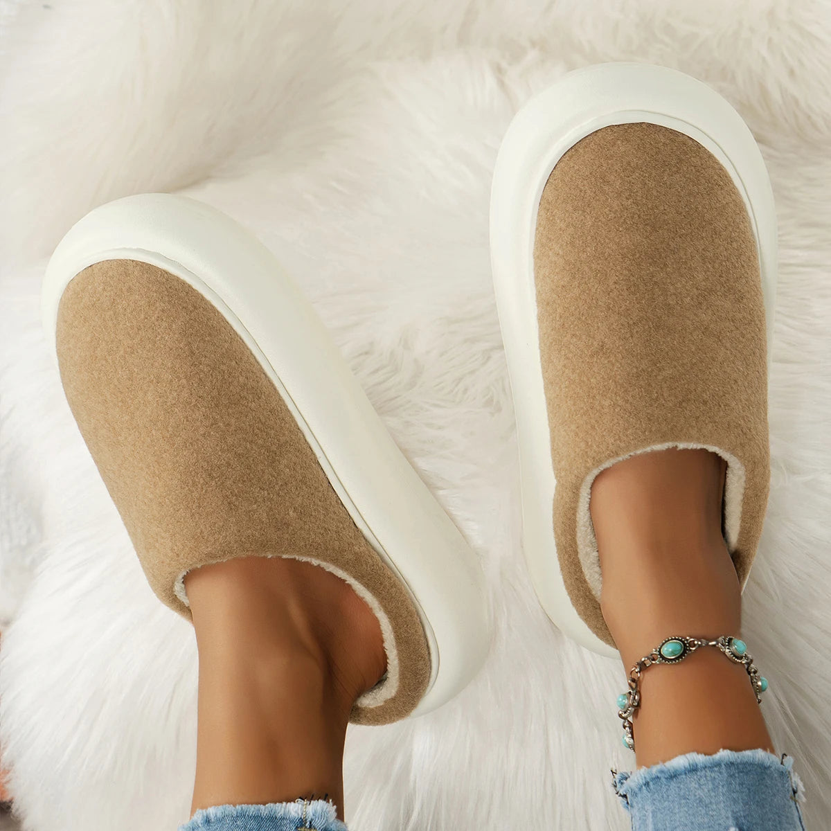 Plush Women's Slippers Winter Warm Non-Slip Sole House Slippers Indoor Comfort Beige Brown Soft Lining | Sansoti