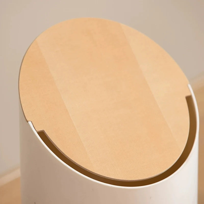 Japandi Trash Bin with Swing Lid – Walnut-Colored Wooden Finish and Minimalist Design – 9L Swing Trash Bin for Bathroom and Office | Sansoti