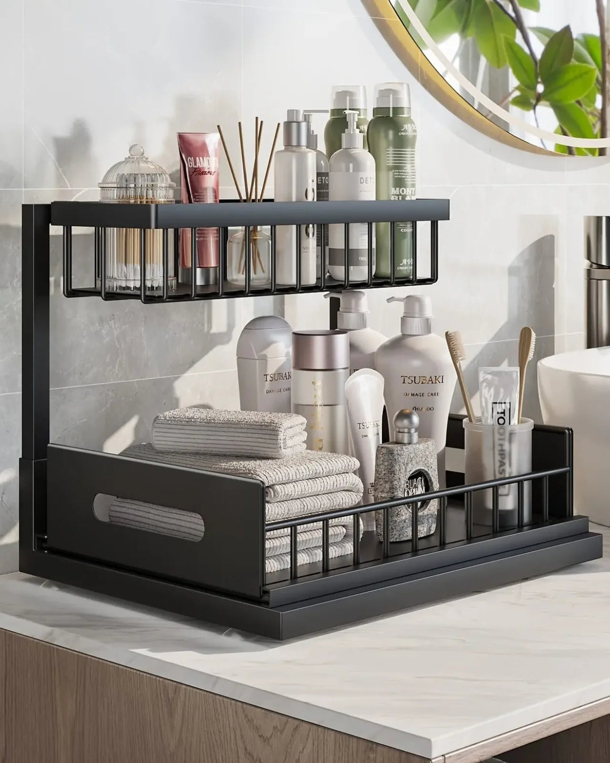 Uitschuifbare Kast Organizer Onder Wastafel Zwart Wit Twee Niveaus Keuken Badkamer Opbergsysteem Schoonmaakspullen Toiletartikelen | Sansoti