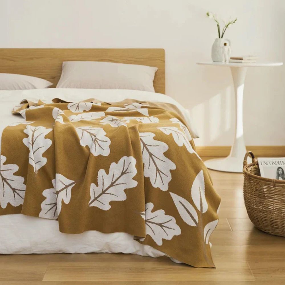 Gestrickte Baumwolldecke mit Blattmuster 130x160 cm Stimmungsvolle Jacquard-Decke mit Naturmuster für Wohnzimmer und Sofa | Sansoti