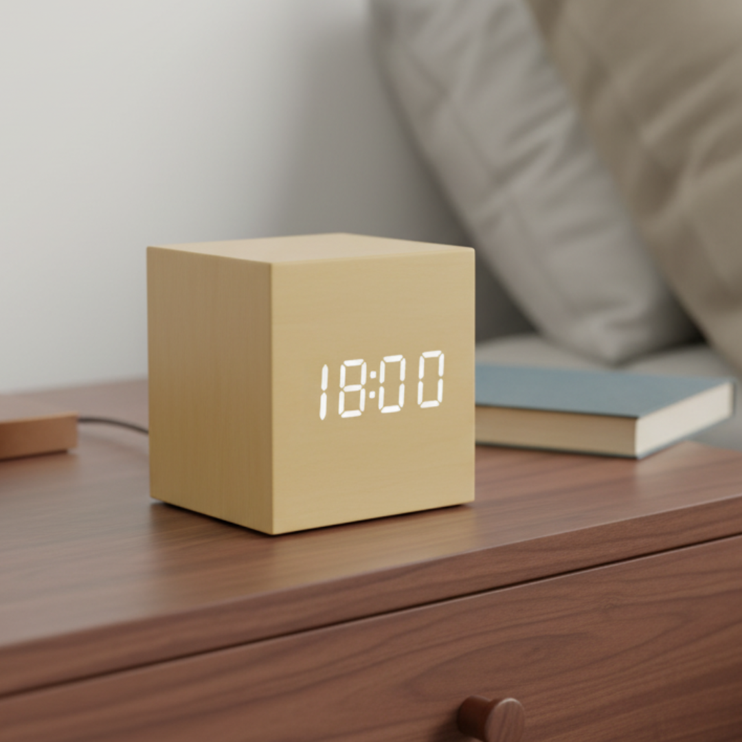 Digitale Wekker met LED-Lichtsensor en Stemactivatie – Compacte Kubusvorm met Multifunctioneel Display | Sansoti