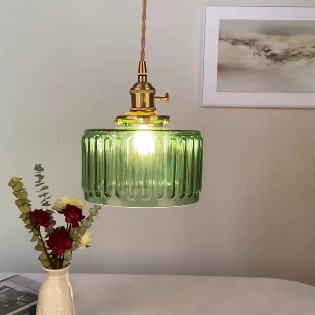 Suspension Quilivon verre laiton vert E27 cuisine table à manger éclairage rétro verre cannelé design | Restfield
