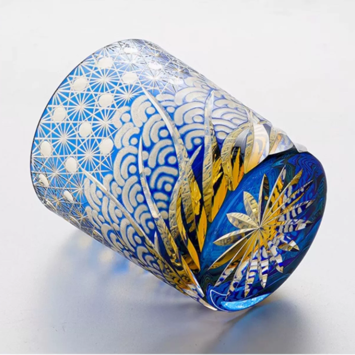 Whiskeyglas Edo Kiriko Blauw Amber Handgemaakt Sterchysant Sterrenzee Japans Kristal | Sansoti