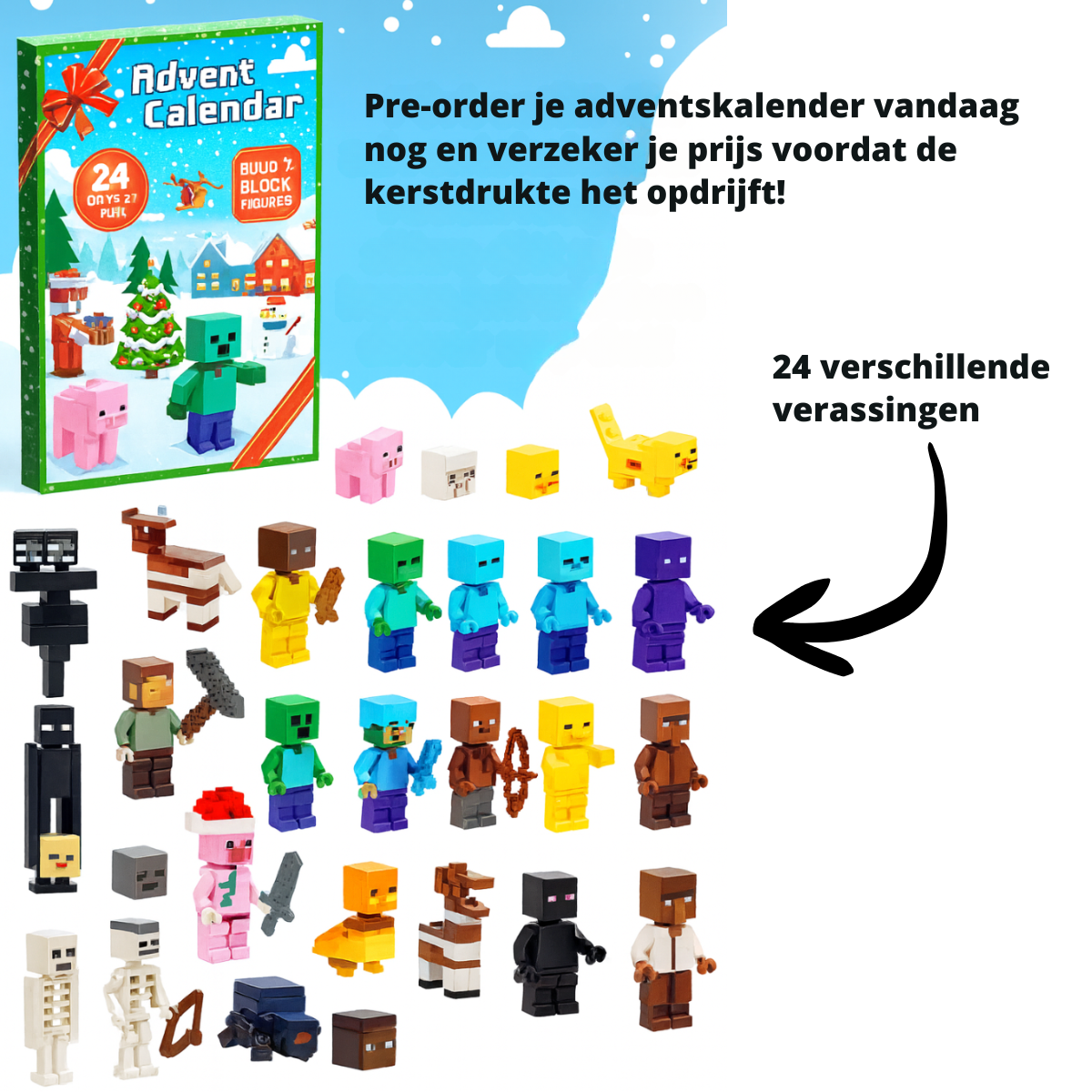 Advent calendar with 24 Block-Style Toy Figures 30x18x5 cm PVC from 6 Years Collectible Fun Christmas Countdown Calendar | Sansoti
