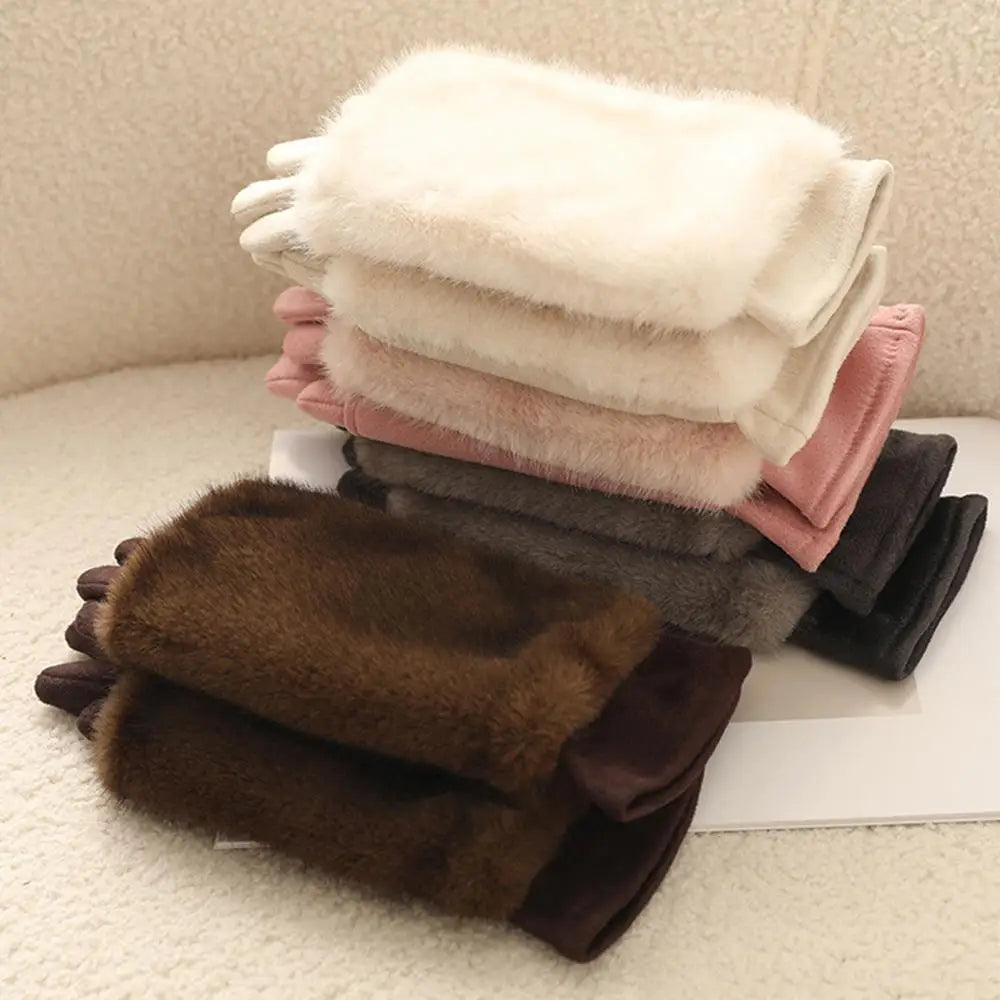 Suede Winter Gloves with Rabbit Fur Touchscreen Fingers Warm Unisex Elegant Gloves for Women and Men | Sansoti