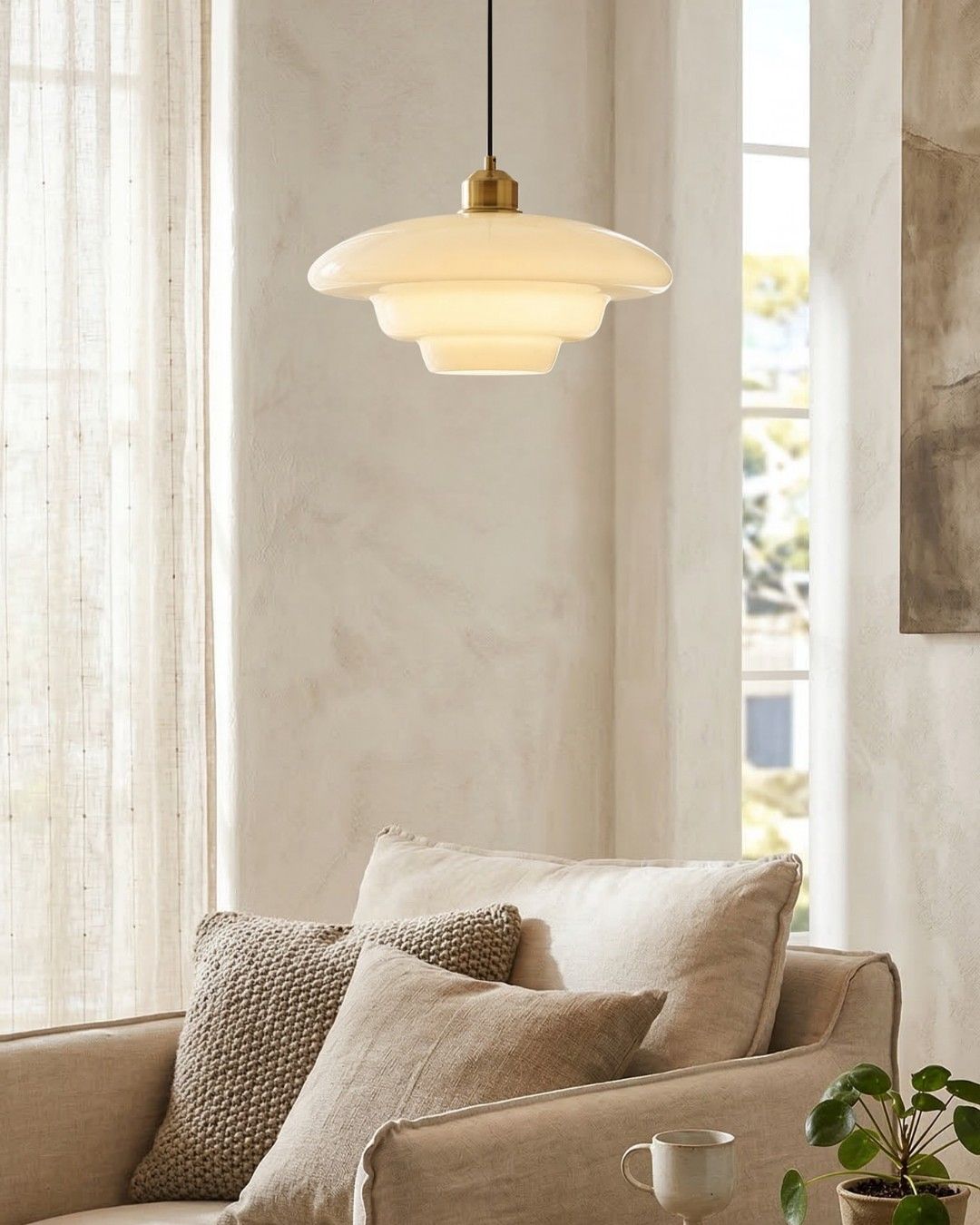 TINA Hanglamp – Mid-Century Melkwit Glas met Geborsteld Messing | Moderne Eetkamer & Keukenverlichting | Verstelbaar | E27 Fitting | Sansoti