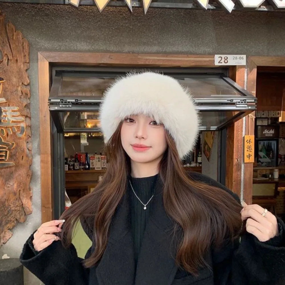 Plush Bucket Hat Winter Hat Soft Faux Fur Hat Cozy Winter Accessory Women's Warm Hat Fleece Lined | Sansoti