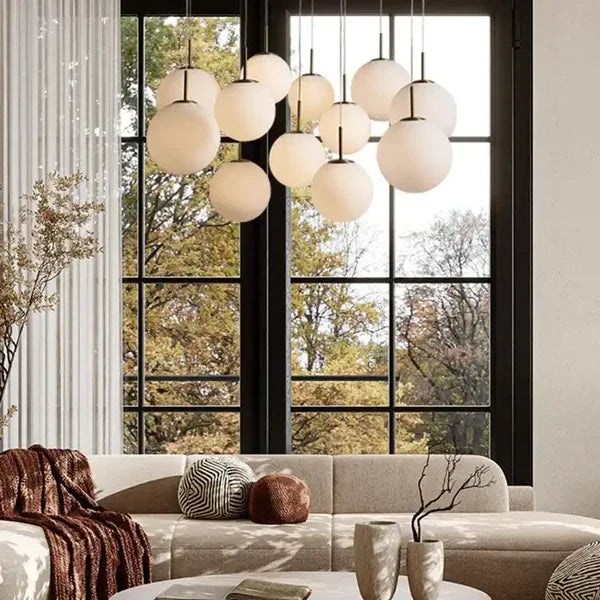 Suspension ronde à boules en verre, laiton et verre craquelé, réglable pour pièces à hauts plafonds, lustre LED | Sansoti