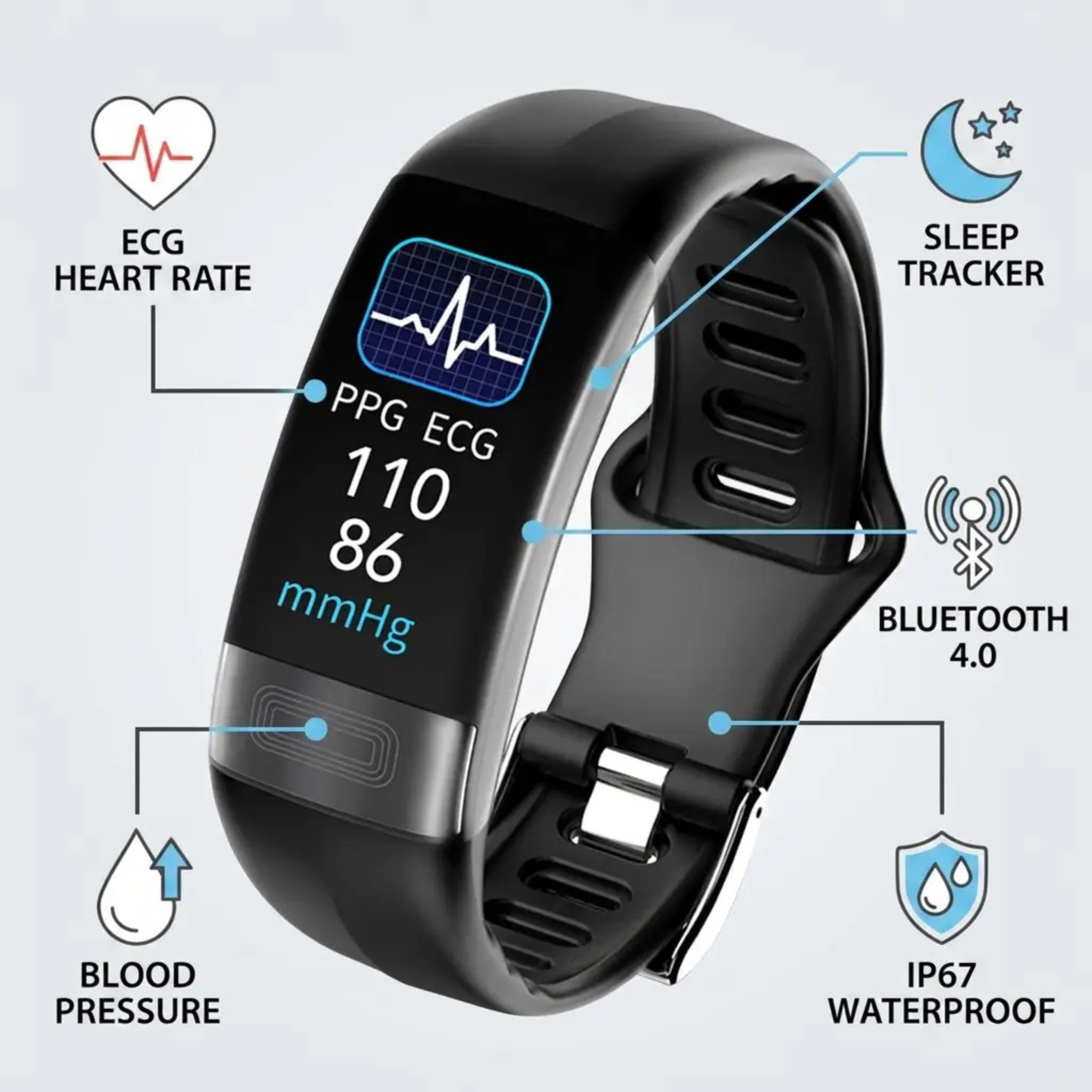 Smartwatch met Bloeddrukmeter, ECG, Hartslagmeter, Zuurstofsaturatie en Slaaptracking – Gezondheidsmonitor | Sansoti