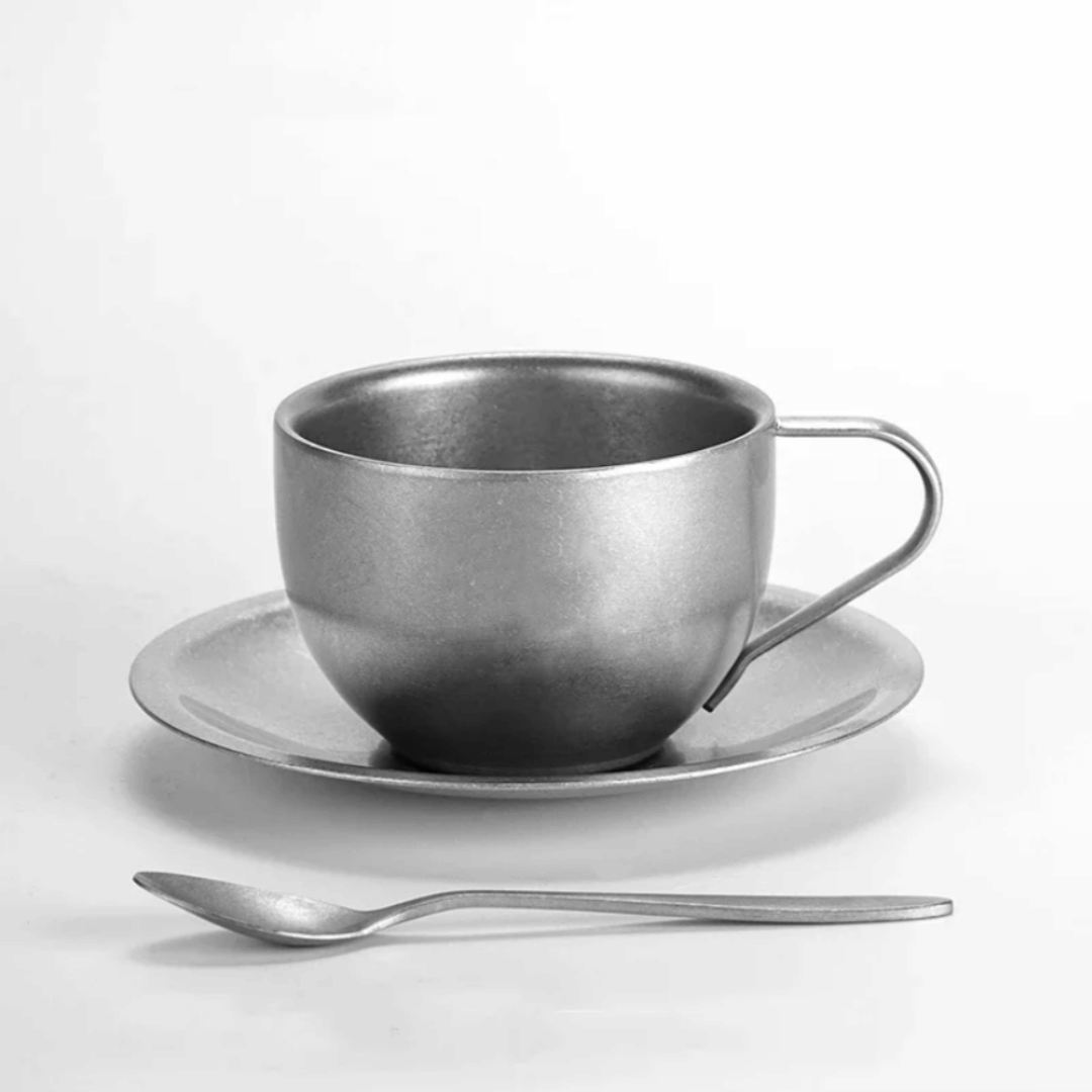 Doppelwandige Kaffeetasse aus Edelstahl mit Untertasse und Löffel, Vintage-Stil, Set, 180-280ml Cappuccino Espresso | Sansoti